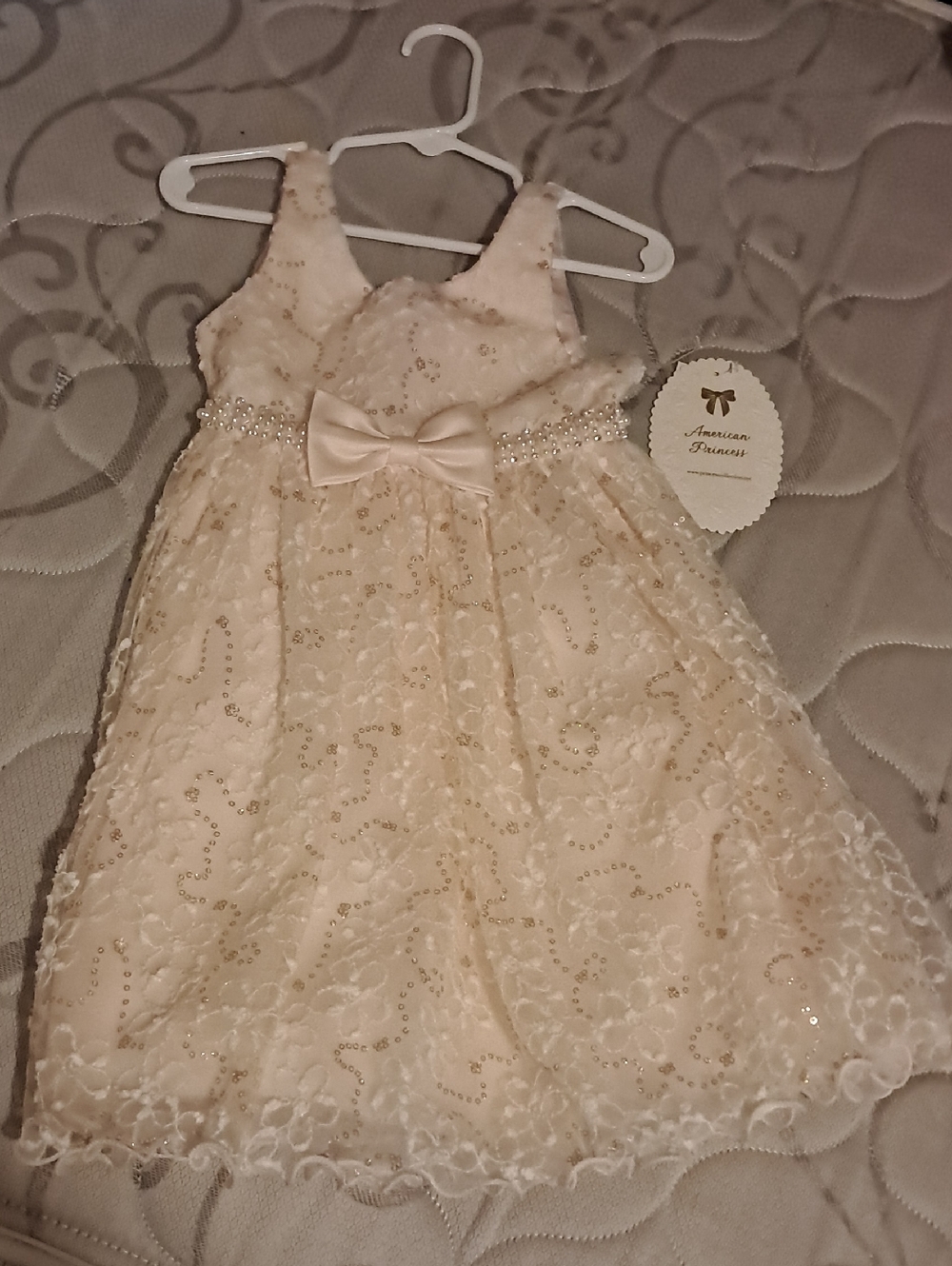 American Princess Ivory Lace Sequin Dress with Pearl Bow